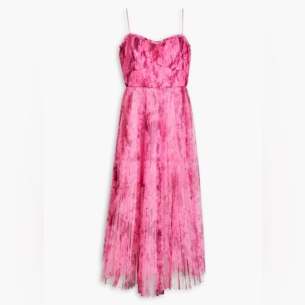 Pink Floral Monique Lhullier Pink Floral Pleated Tulle Gown Size 2